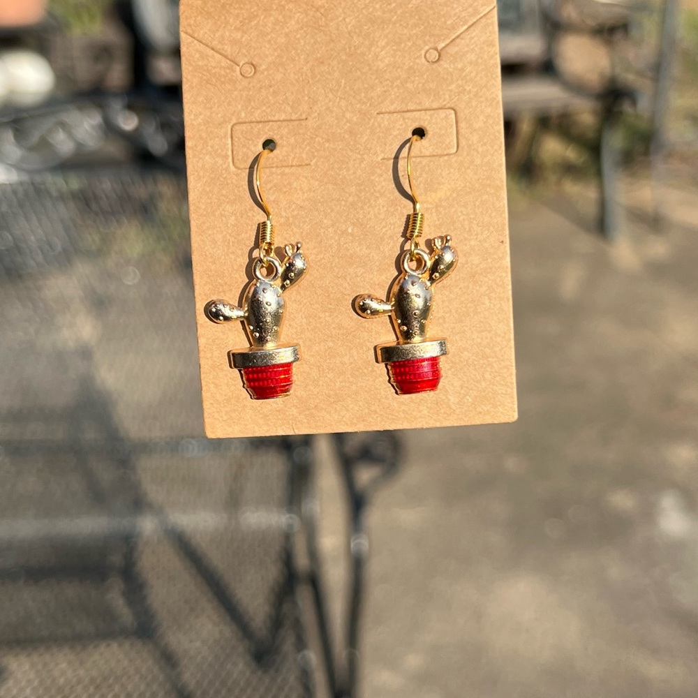 Gold Cactus in Red Pot Earrings